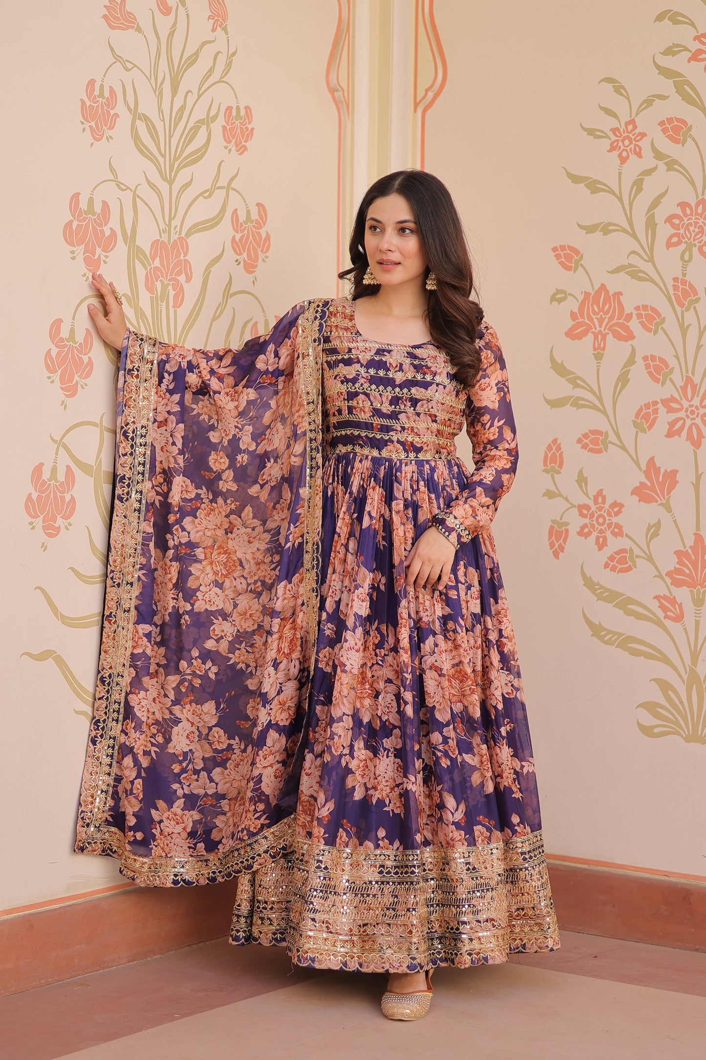 Russian Silk Digital Print Gown with Sequins Work