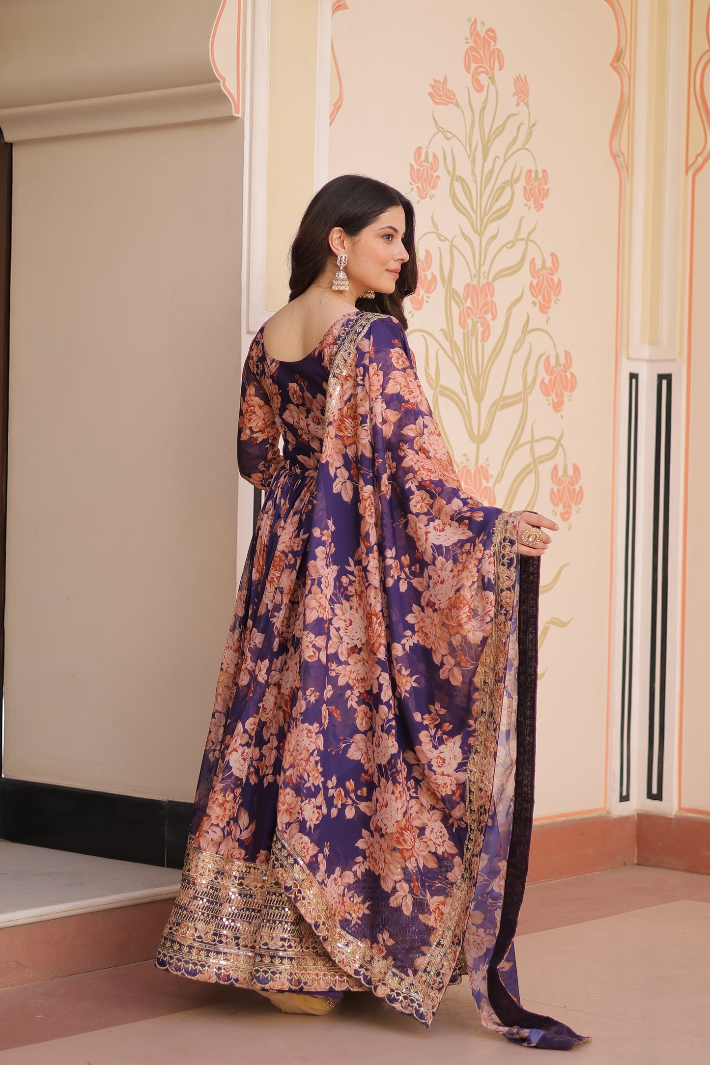 Russian Silk Digital Print Gown with Sequins Work