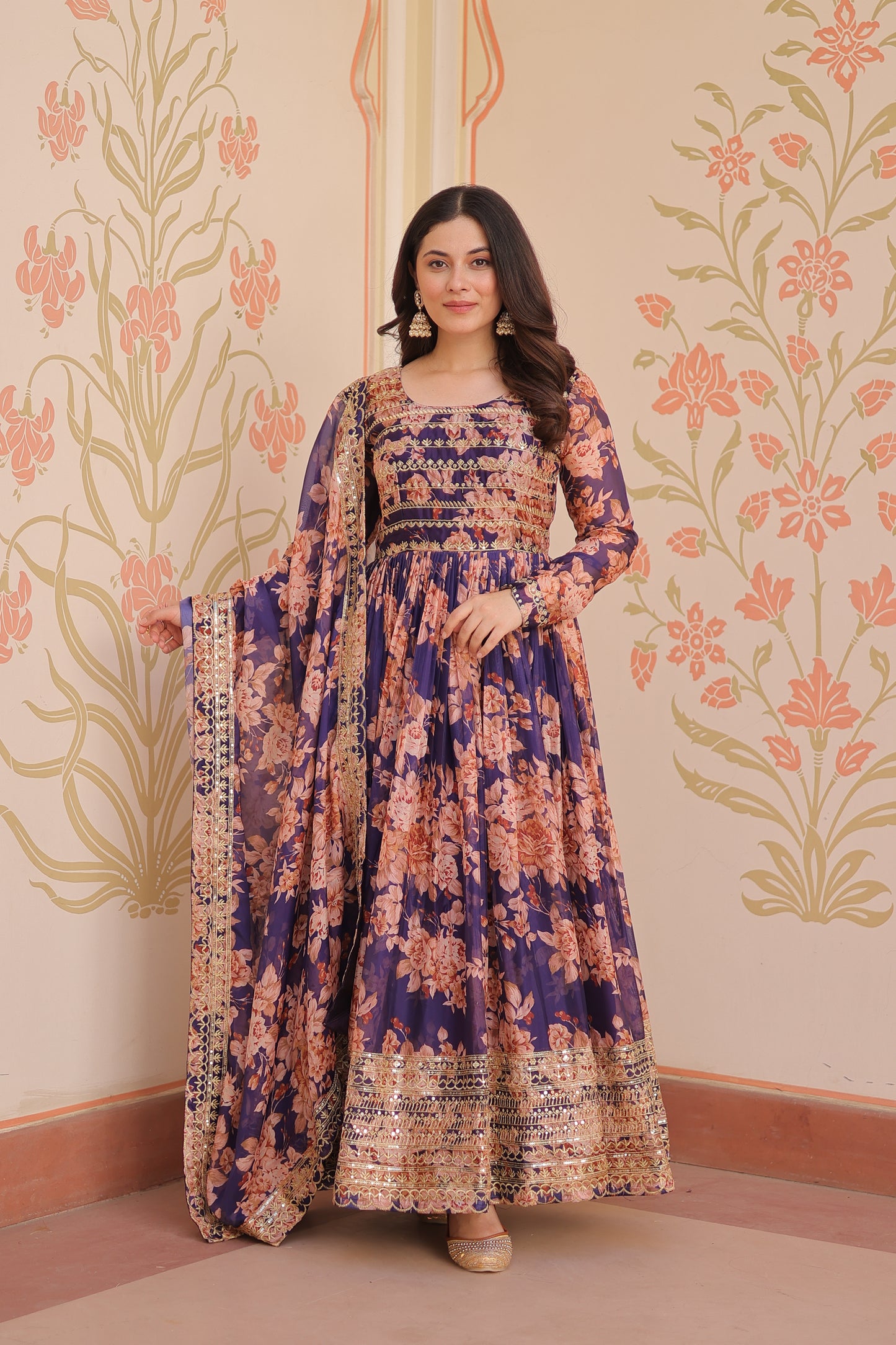 Russian Silk Digital Print Gown with Sequins Work