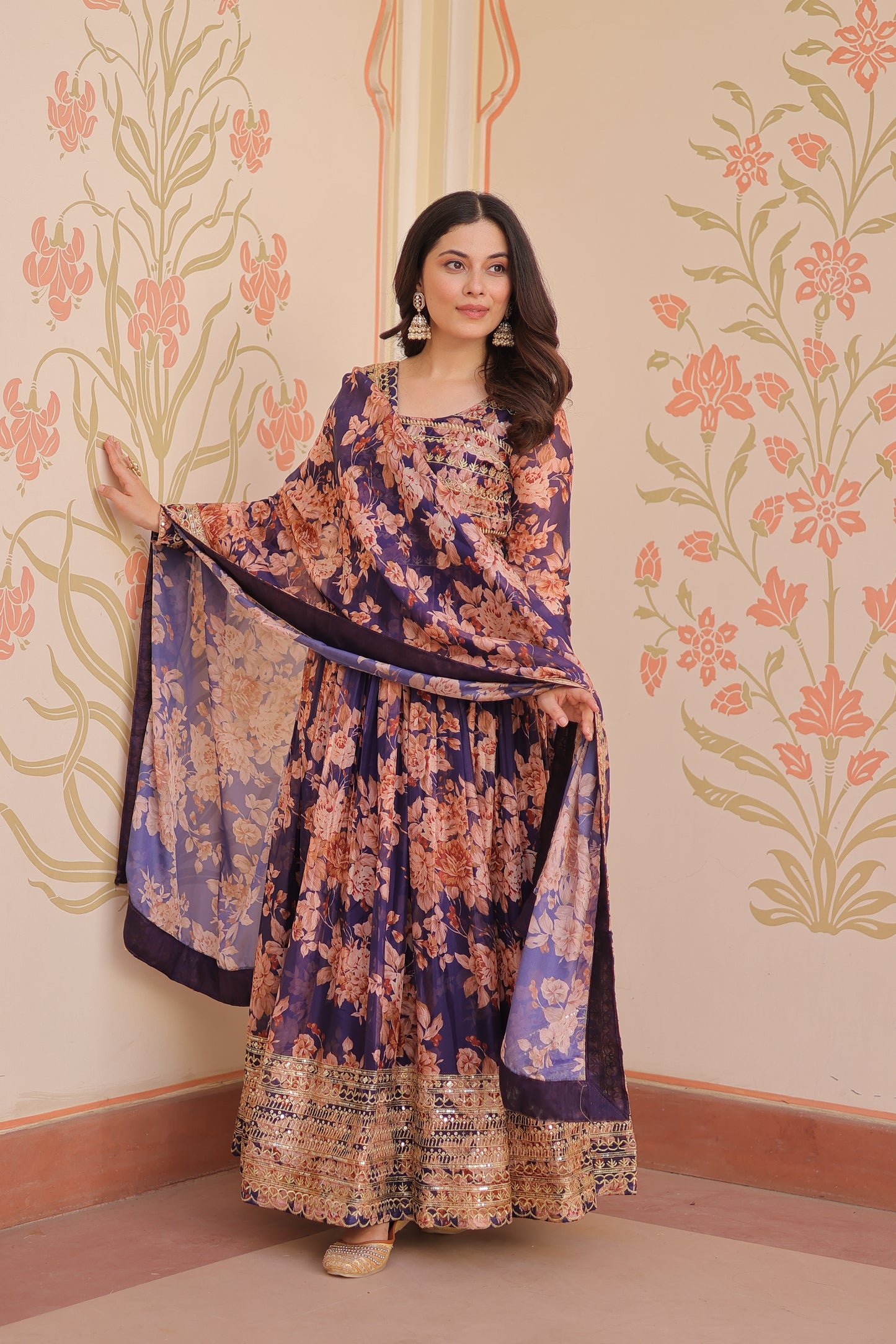 Russian Silk Digital Print Gown with Sequins Work