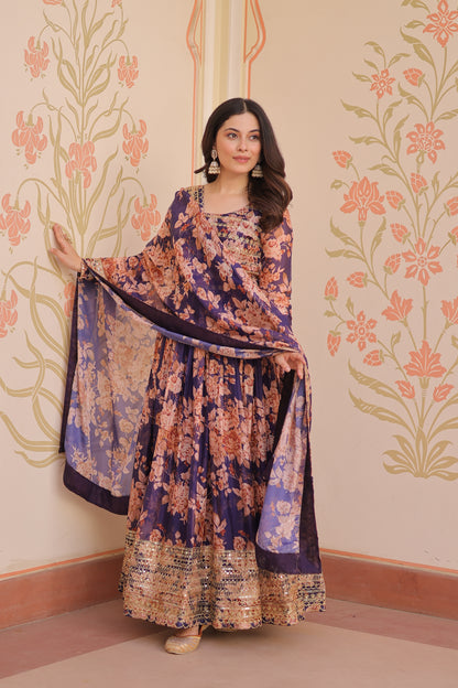 Russian Silk Digital Print Gown with Sequins Work