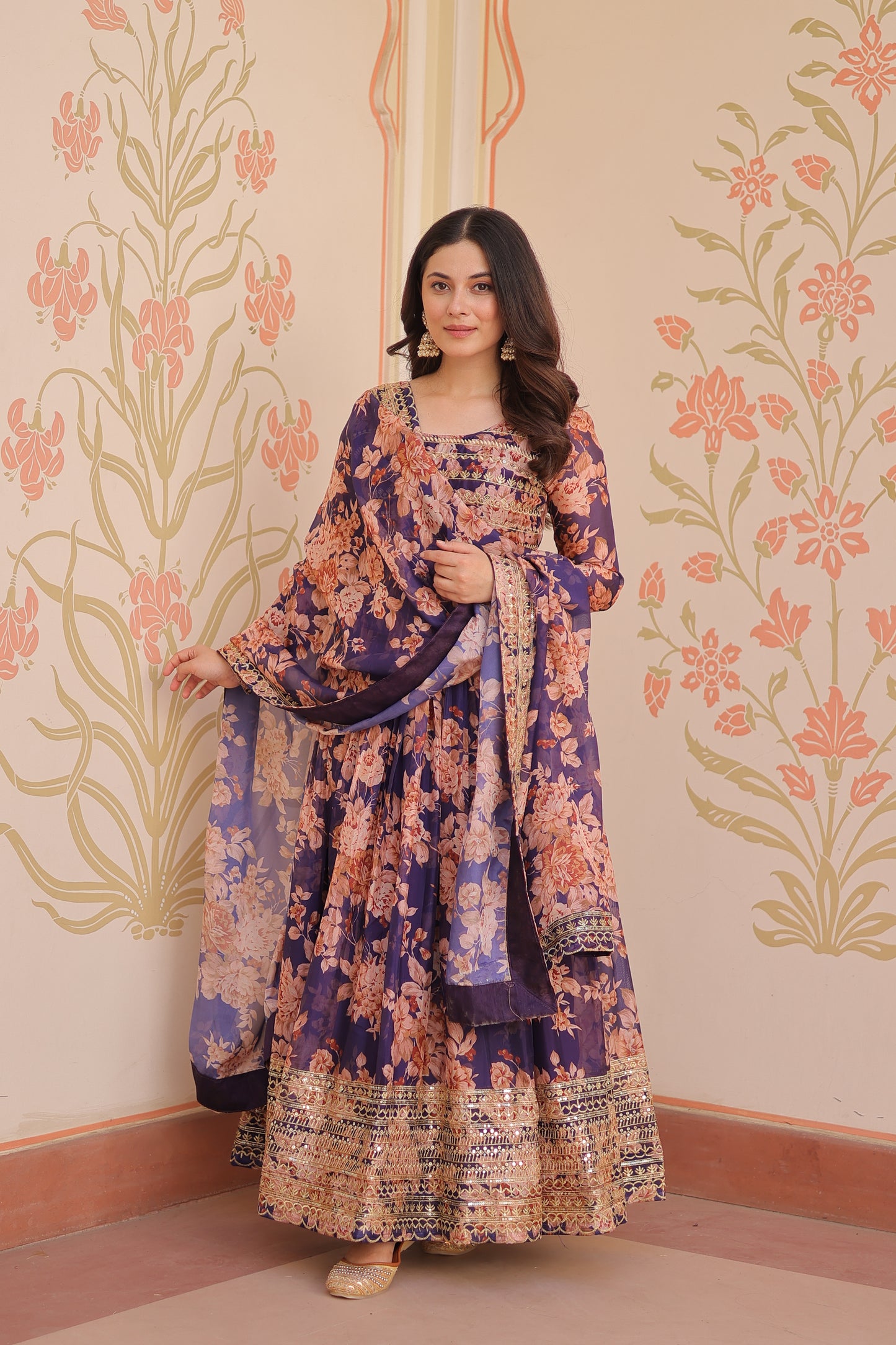 Russian Silk Digital Print Gown with Sequins Work