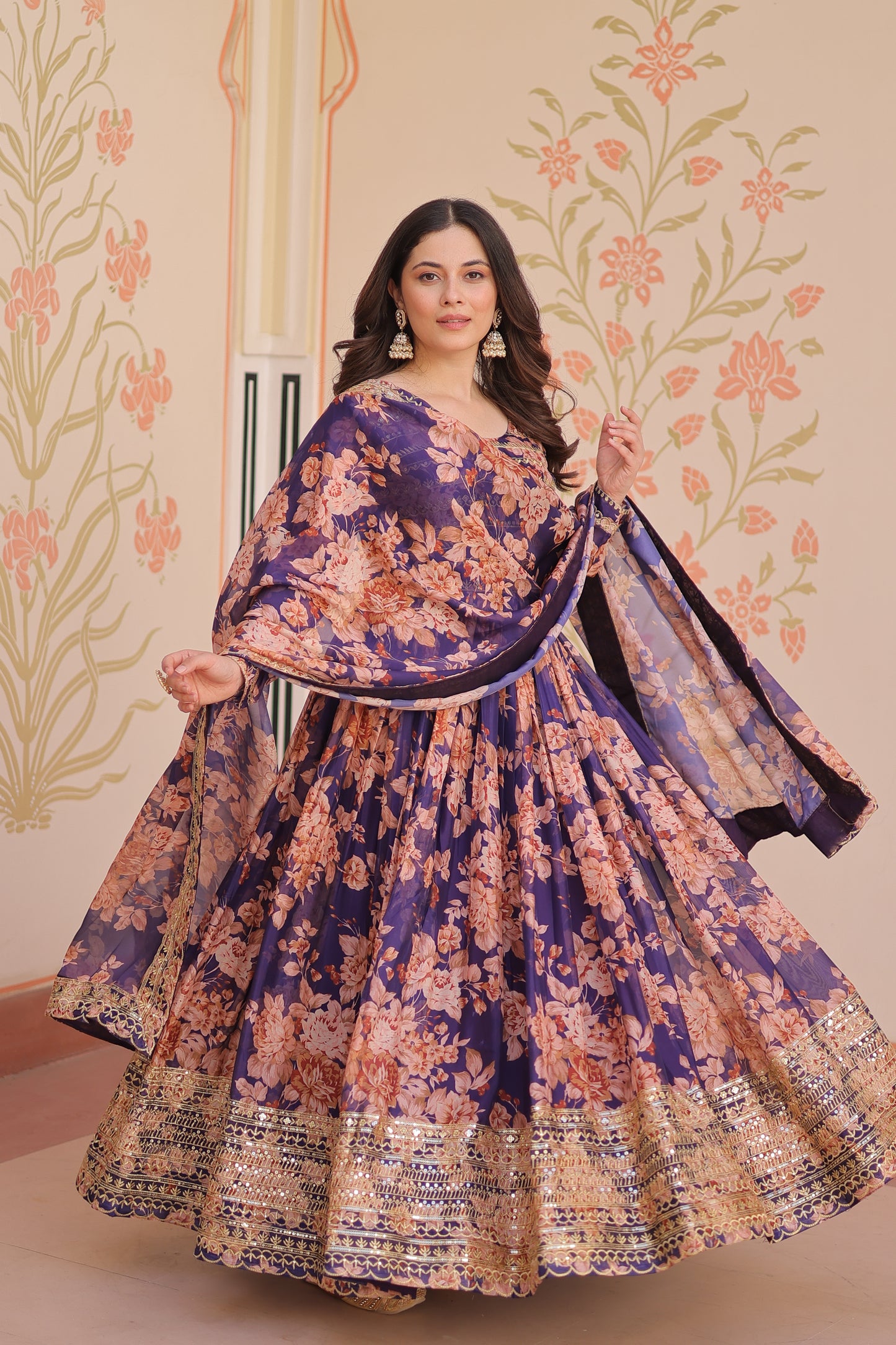 Russian Silk Digital Print Gown with Sequins Work