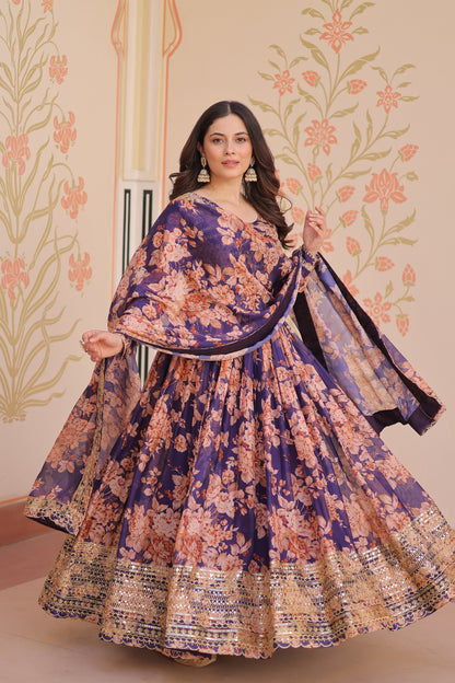 Russian Silk Digital Print Gown with Sequins Work