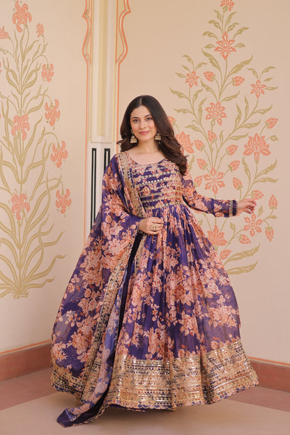 Russian Silk Digital Print Gown with Sequins Work