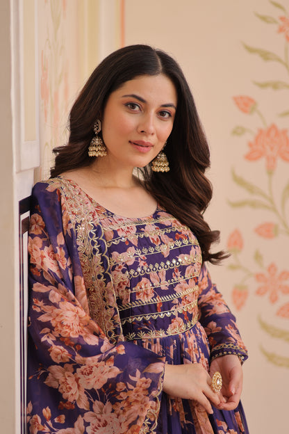 Russian Silk Digital Print Gown with Sequins Work