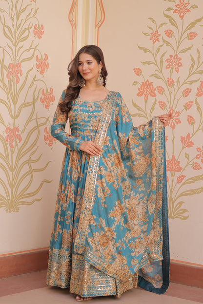 Russian Silk Digital Print Gown with Sequins Work