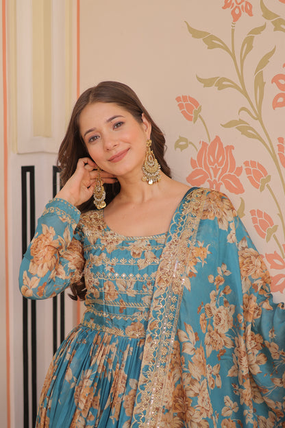 Russian Silk Digital Print Gown with Sequins Work