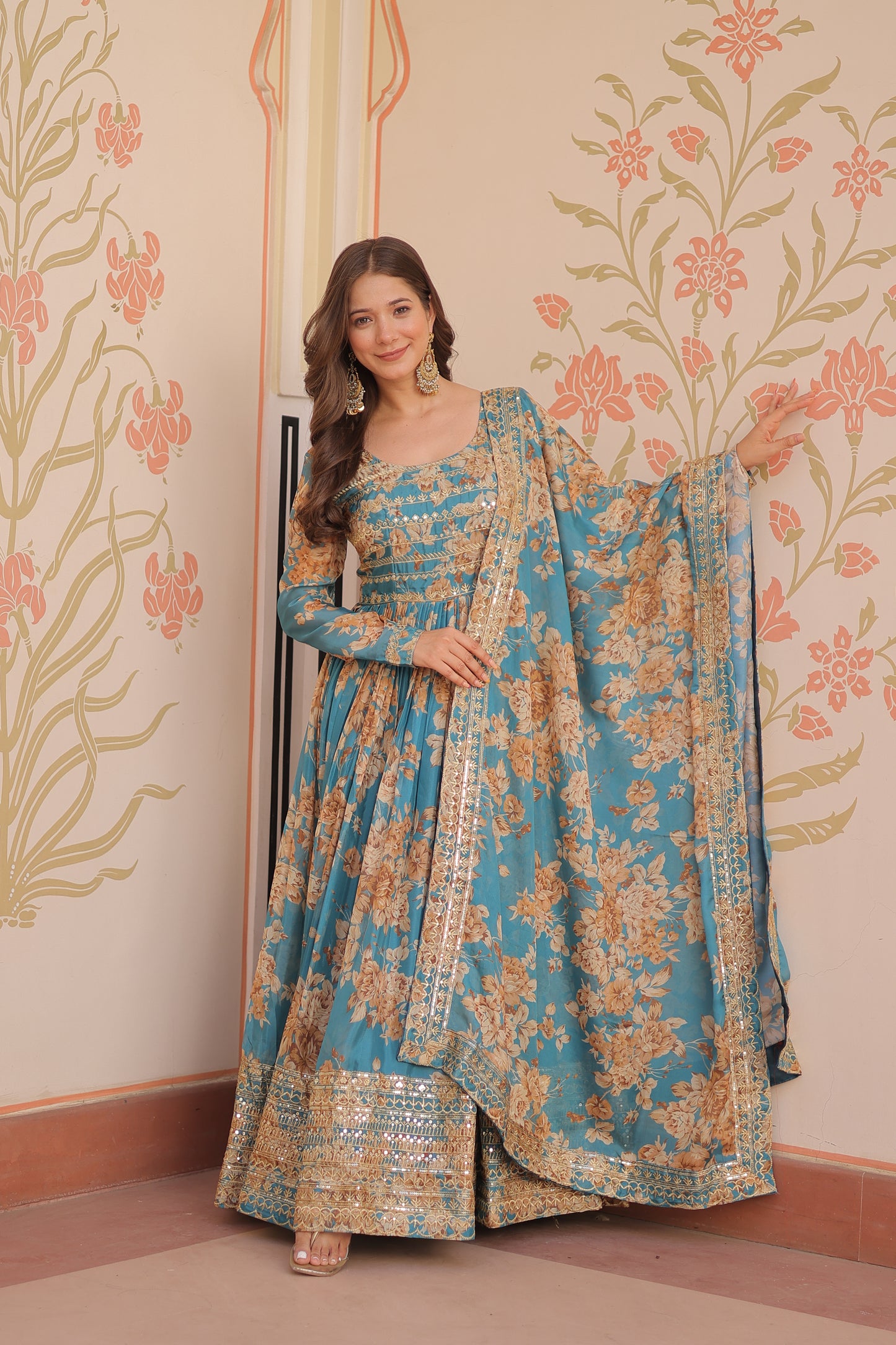 Russian Silk Digital Print Gown with Sequins Work