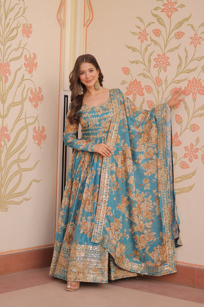 Russian Silk Digital Print Gown with Sequins Work