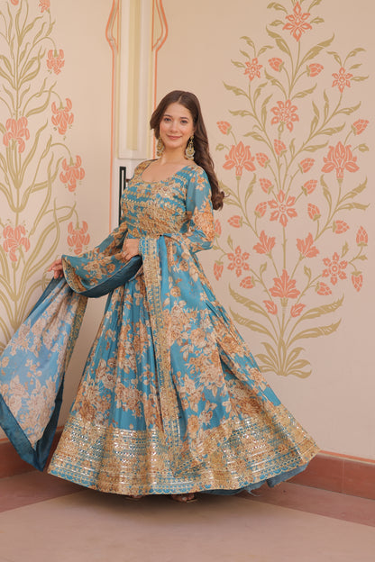 Russian Silk Digital Print Gown with Sequins Work