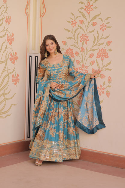 Russian Silk Digital Print Gown with Sequins Work