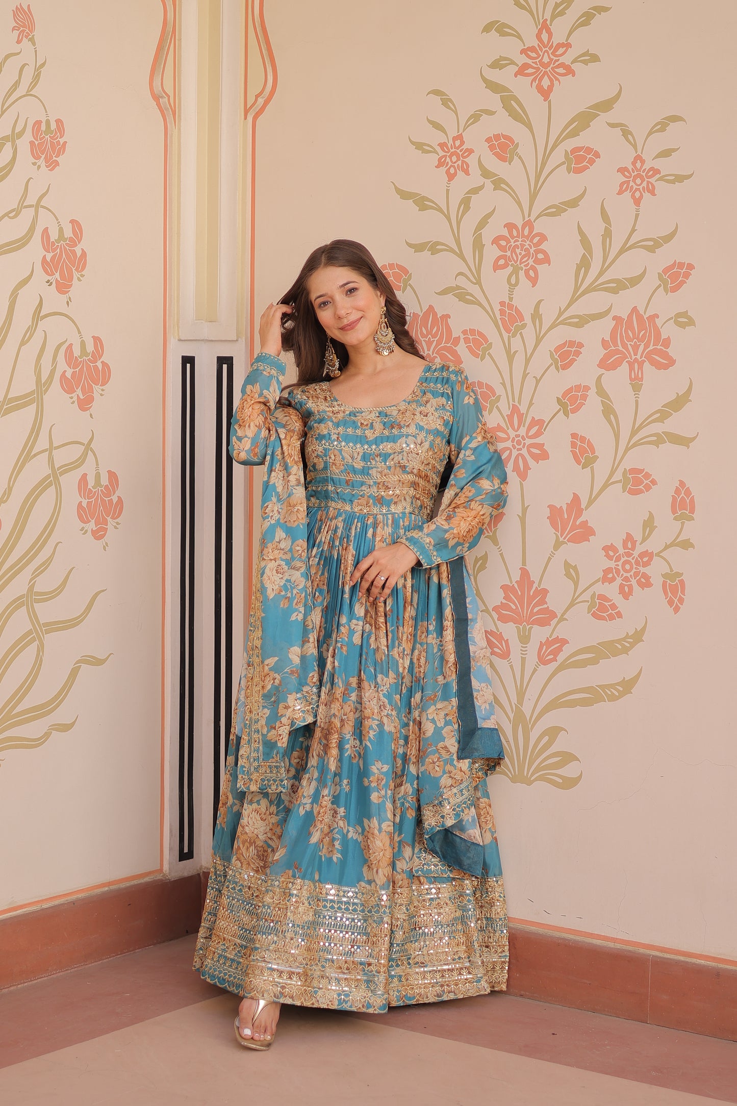 Russian Silk Digital Print Gown with Sequins Work