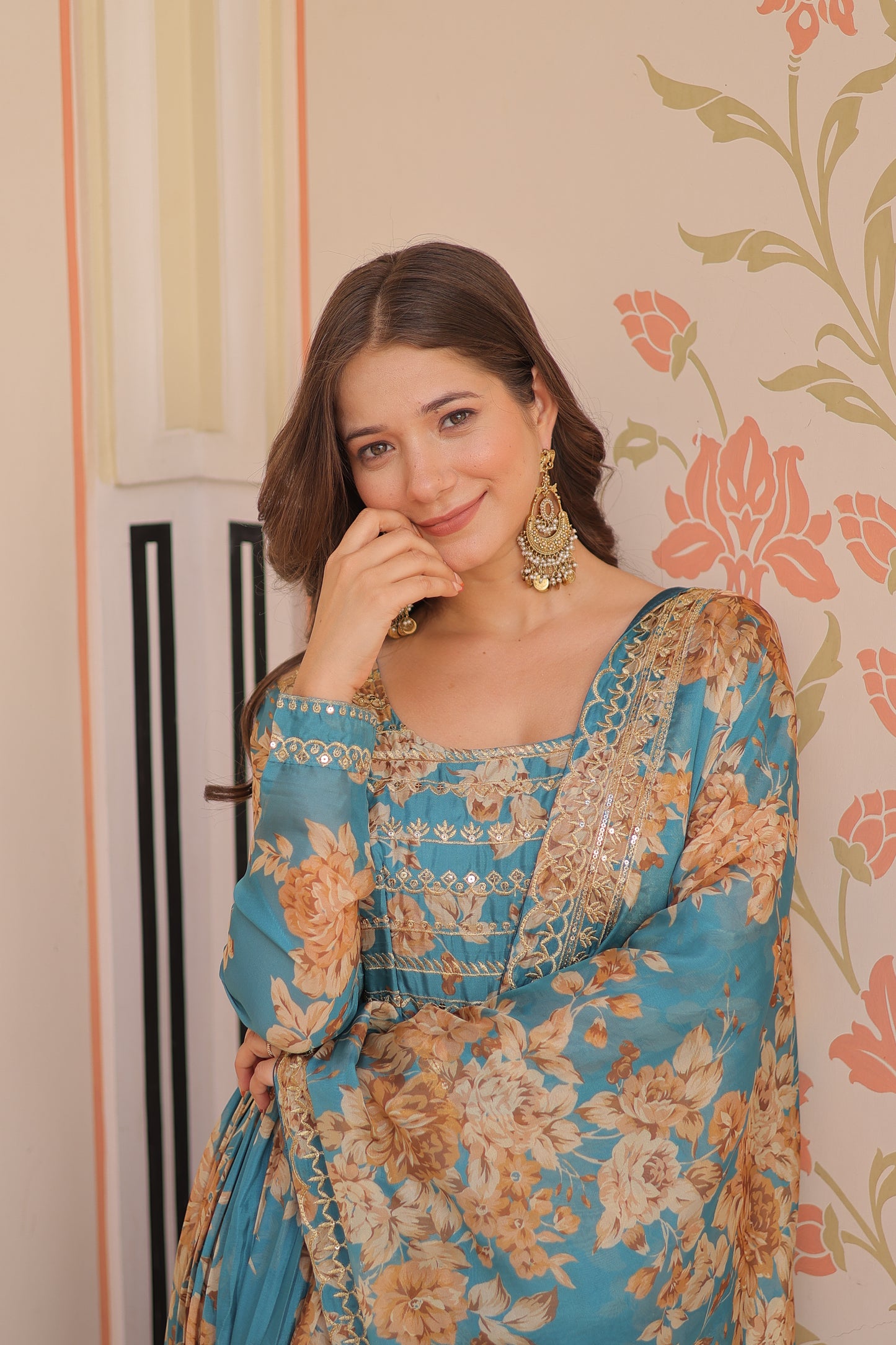 Russian Silk Digital Print Gown with Sequins Work