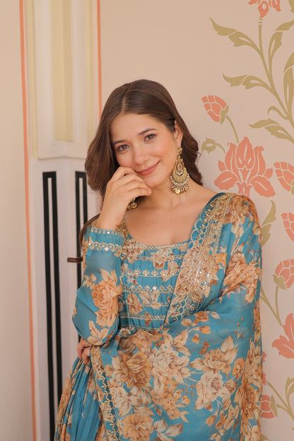 Russian Silk Digital Print Gown with Sequins Work