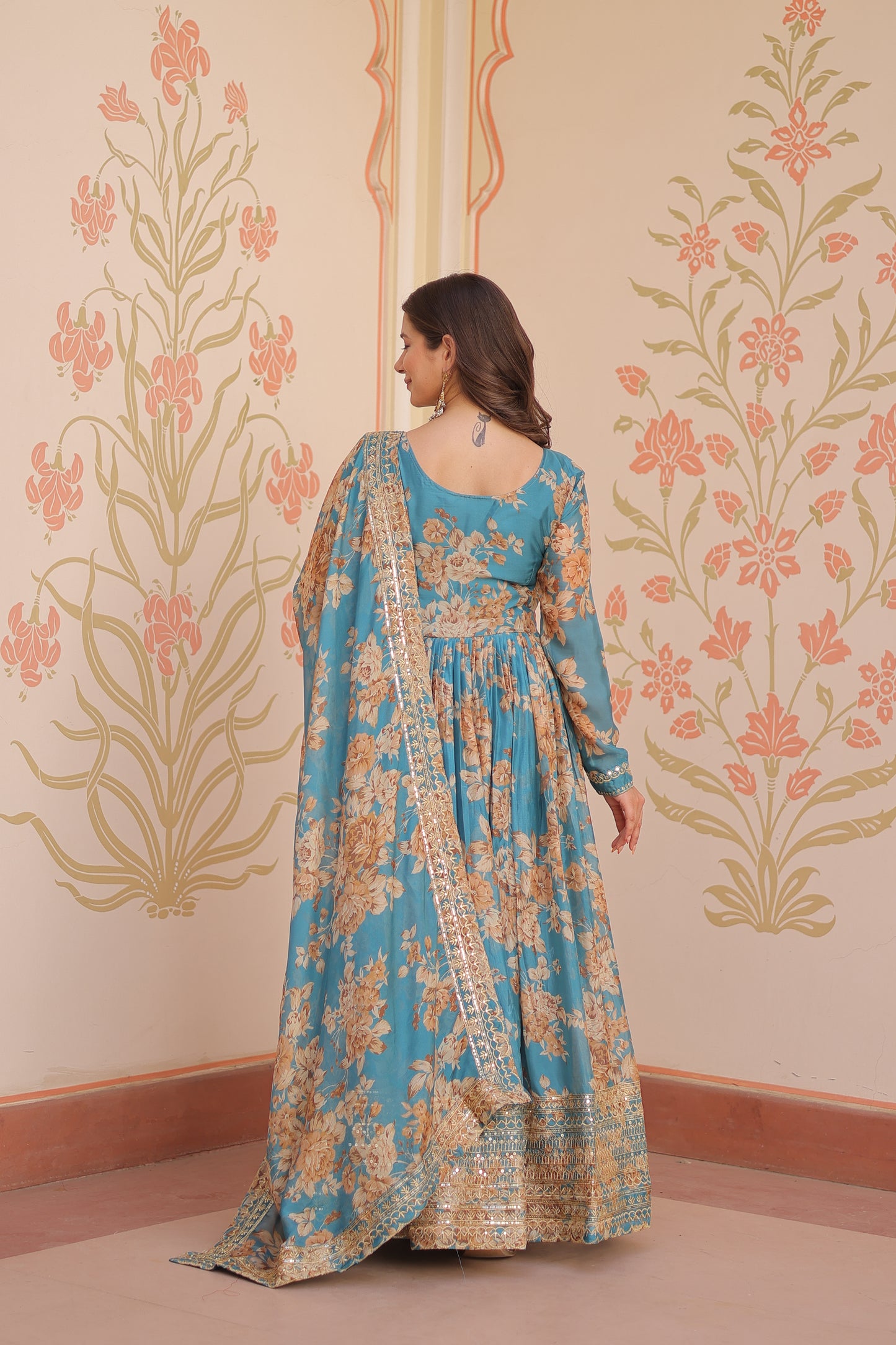 Russian Silk Digital Print Gown with Sequins Work