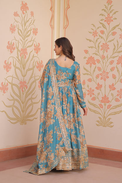 Russian Silk Digital Print Gown with Sequins Work