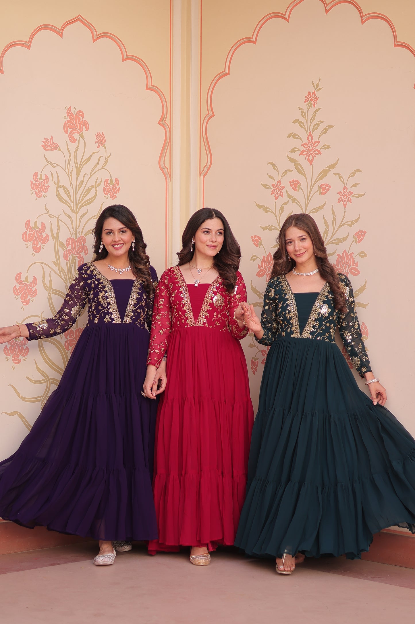 Sequins & Zari Embroidered Faux Blooming 3-Layer Tiered Gown