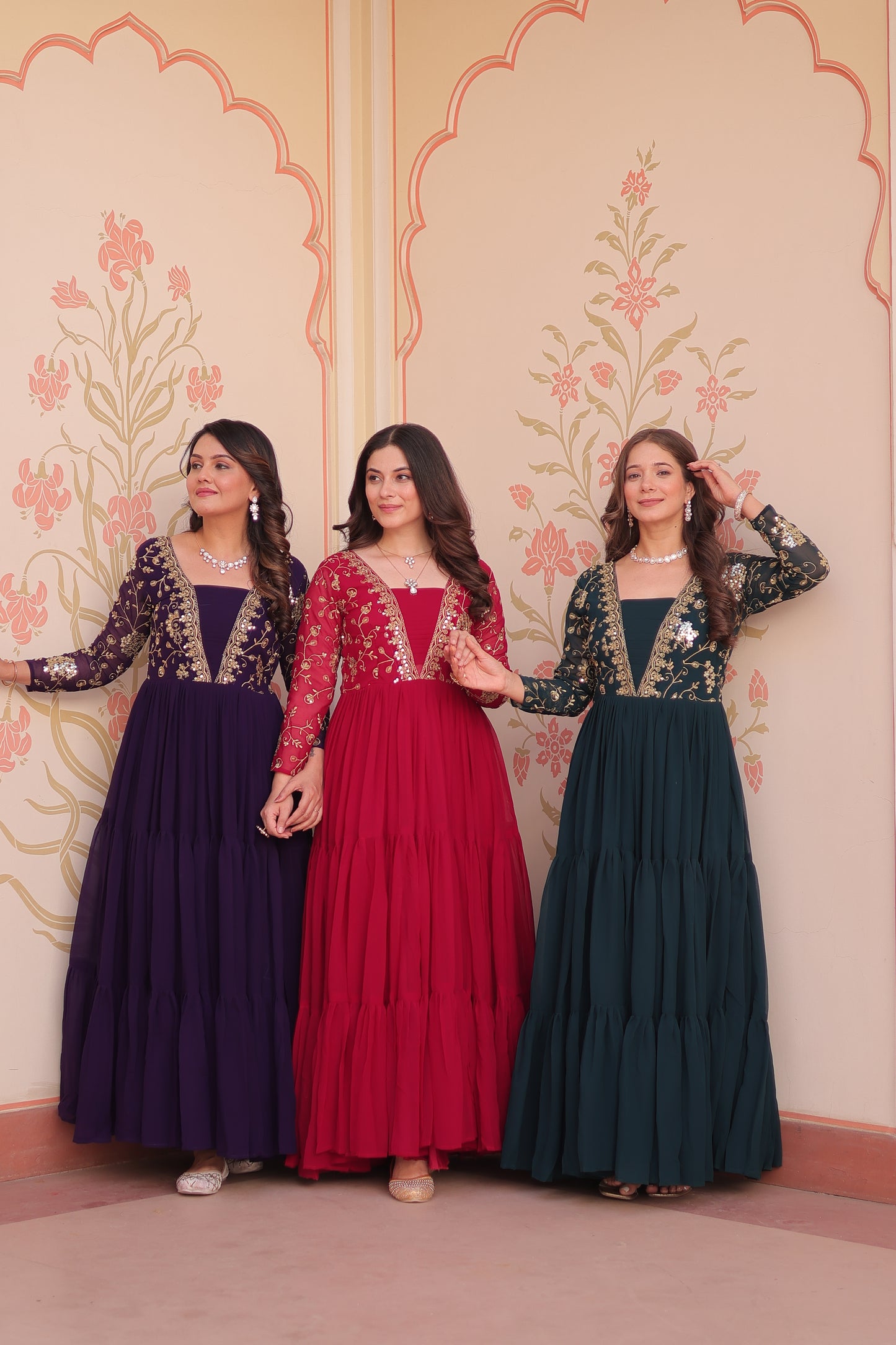 Sequins & Zari Embroidered Faux Blooming 3-Layer Tiered Gown