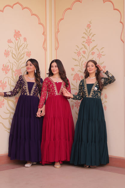 Sequins & Zari Embroidered Faux Blooming 3-Layer Tiered Gown