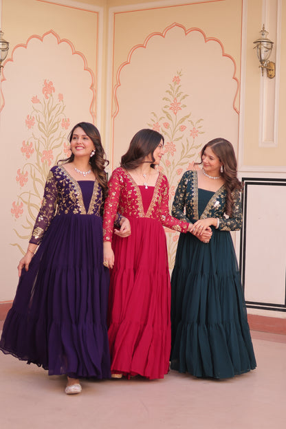 Sequins & Zari Embroidered Faux Blooming 3-Layer Tiered Gown