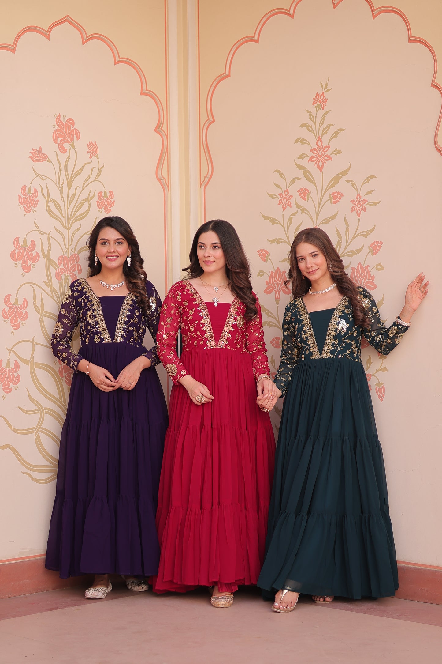 Sequins & Zari Embroidered Faux Blooming 3-Layer Tiered Gown