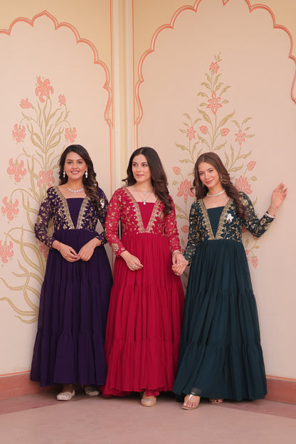 Sequins & Zari Embroidered Faux Blooming 3-Layer Tiered Gown