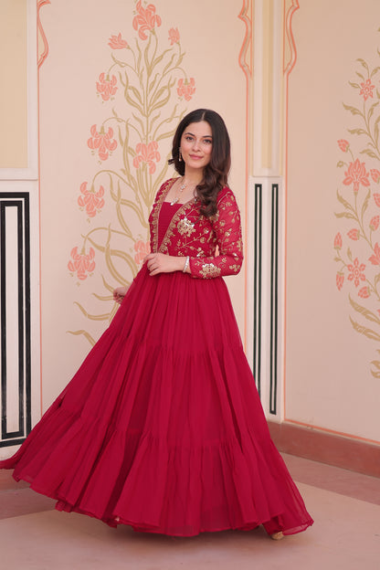 Sequins & Zari Embroidered Faux Blooming 3-Layer Tiered Gown