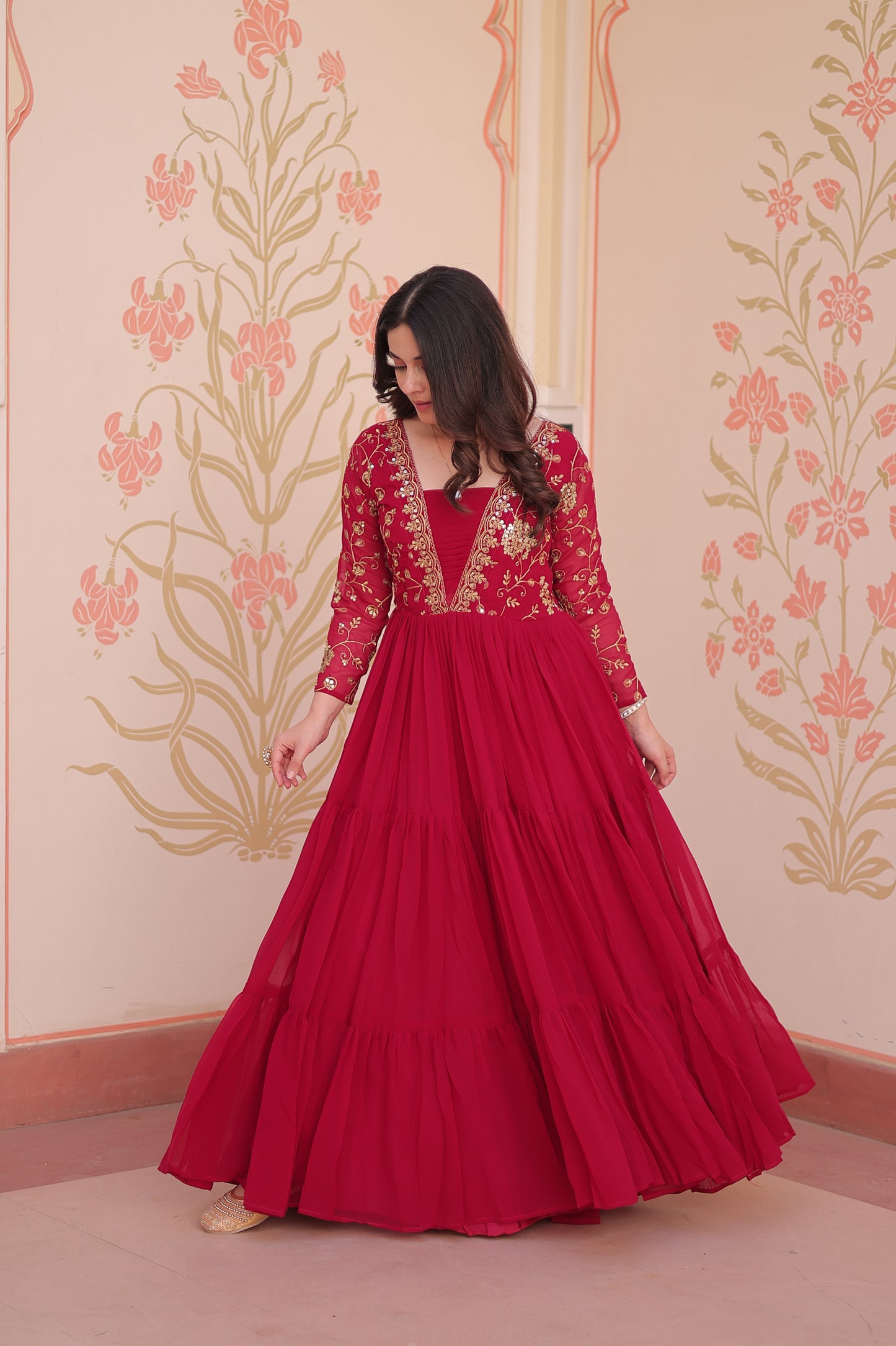 Sequins & Zari Embroidered Faux Blooming 3-Layer Tiered Gown