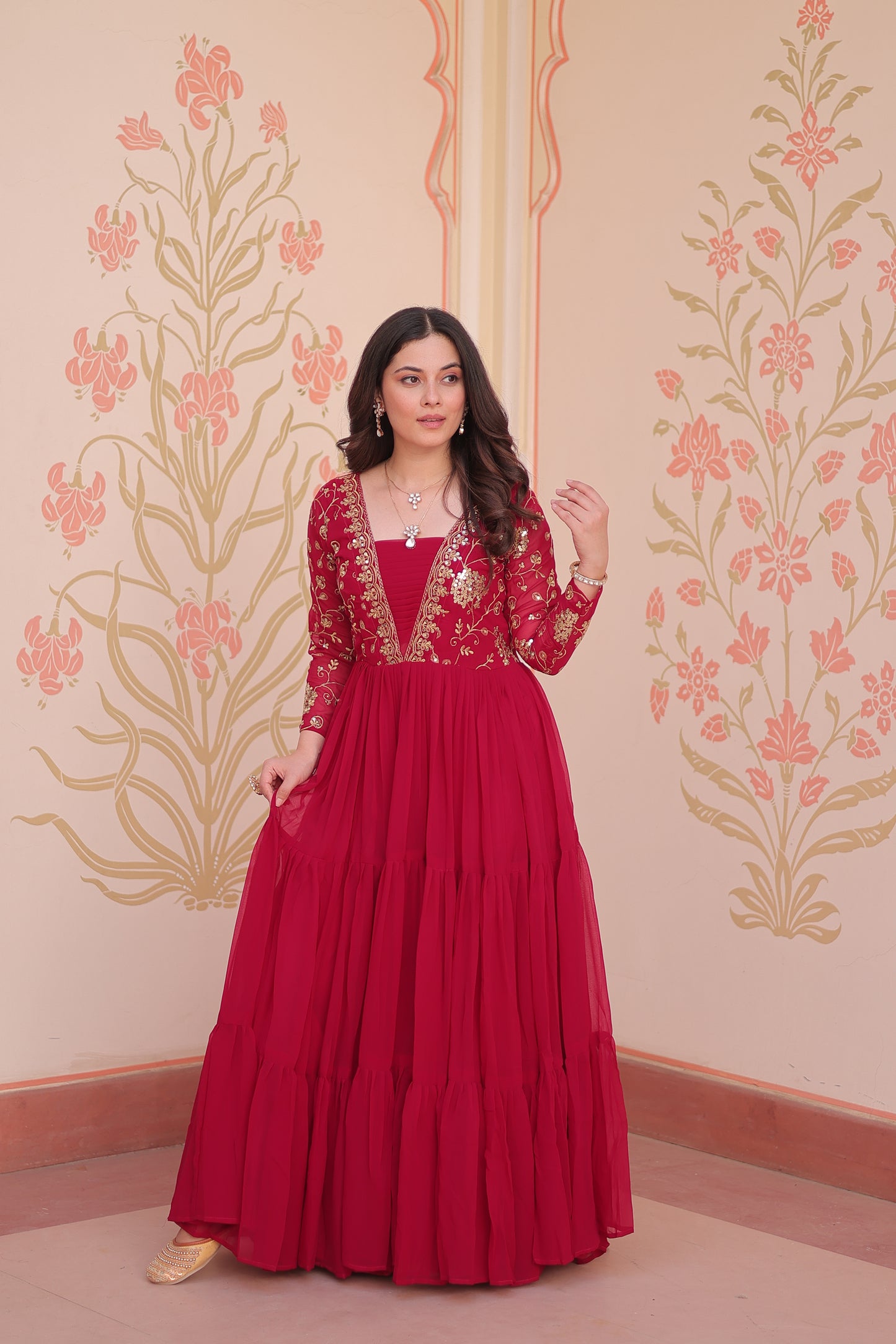 Sequins & Zari Embroidered Faux Blooming 3-Layer Tiered Gown