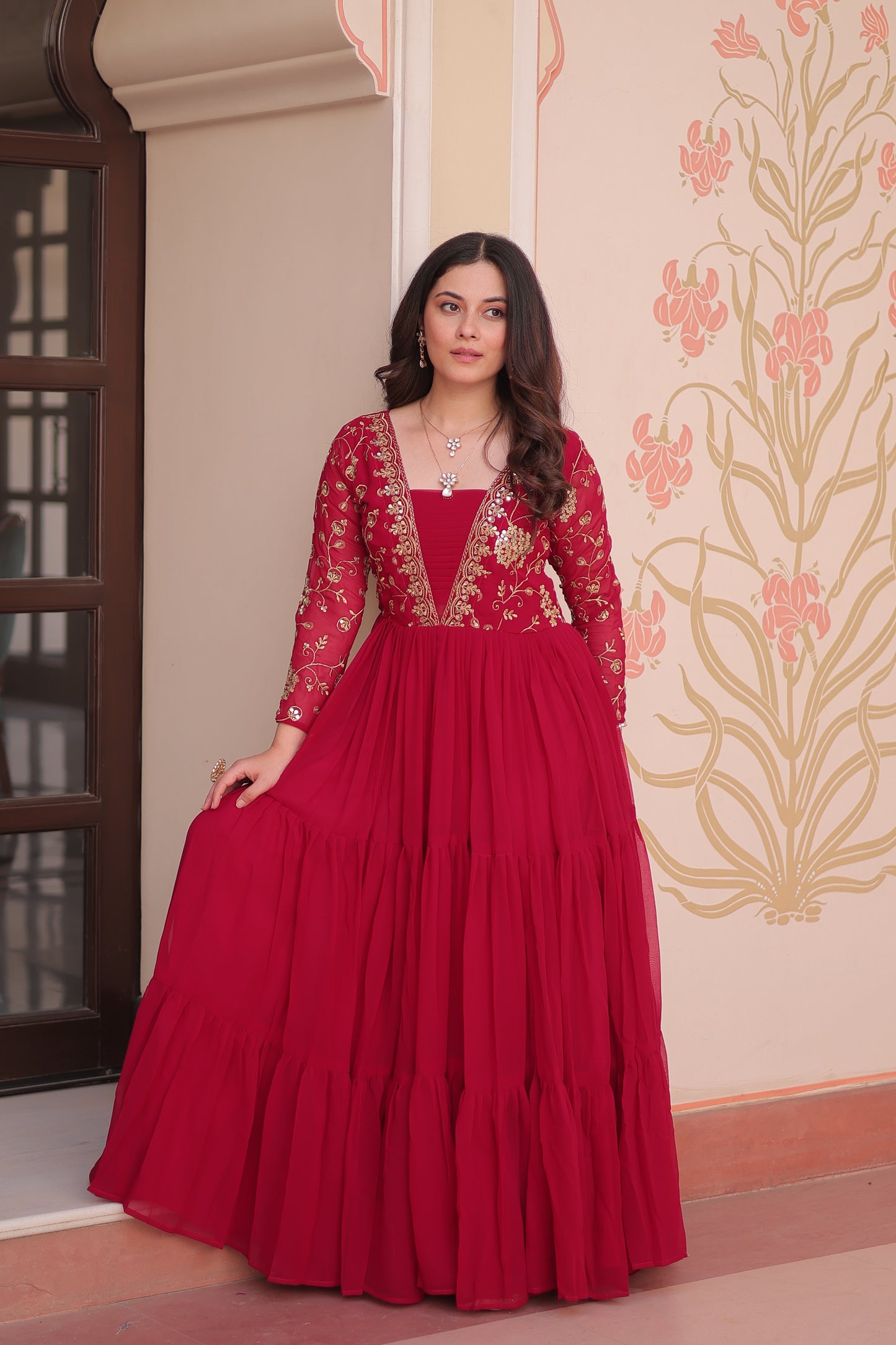 Sequins & Zari Embroidered Faux Blooming 3-Layer Tiered Gown