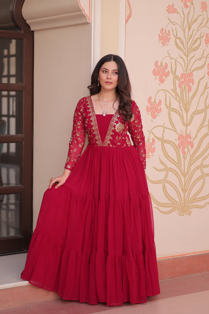 Sequins & Zari Embroidered Faux Blooming 3-Layer Tiered Gown