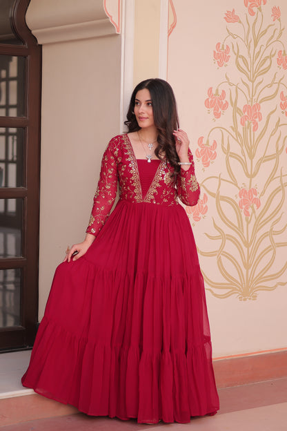 Sequins & Zari Embroidered Faux Blooming 3-Layer Tiered Gown