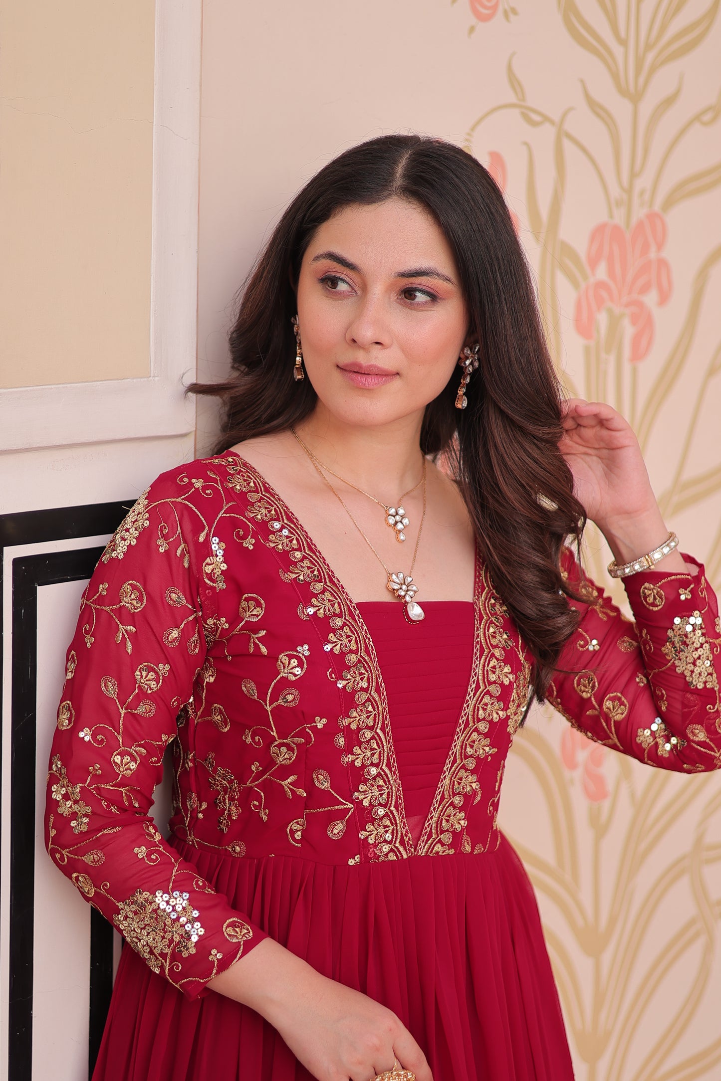 Sequins & Zari Embroidered Faux Blooming 3-Layer Tiered Gown