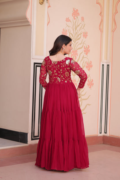 Sequins & Zari Embroidered Faux Blooming 3-Layer Tiered Gown