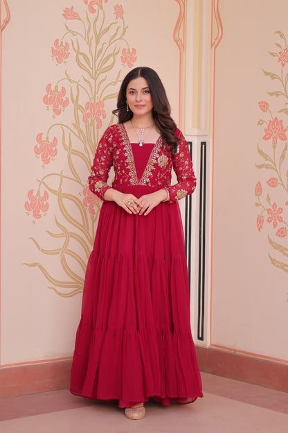 Sequins & Zari Embroidered Faux Blooming 3-Layer Tiered Gown