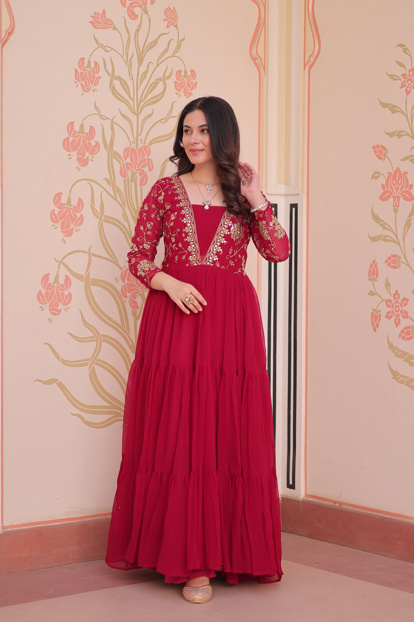Sequins & Zari Embroidered Faux Blooming 3-Layer Tiered Gown
