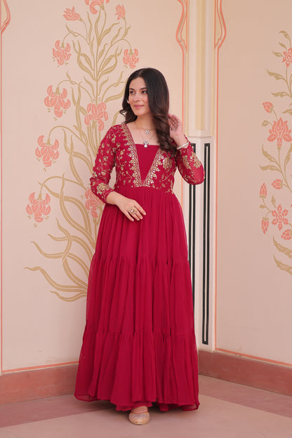 Sequins & Zari Embroidered Faux Blooming 3-Layer Tiered Gown