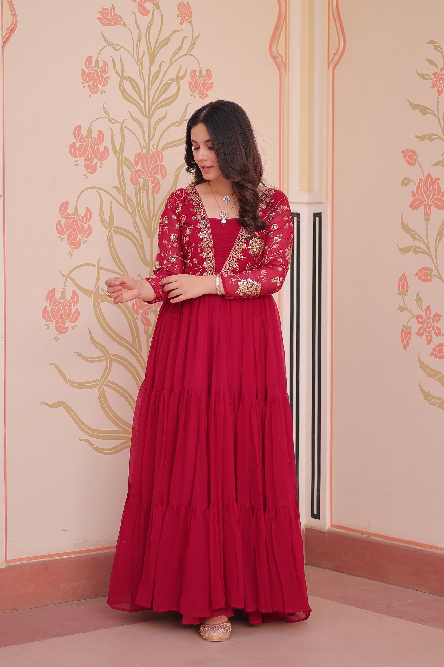 Sequins & Zari Embroidered Faux Blooming 3-Layer Tiered Gown