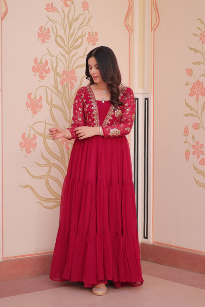Sequins & Zari Embroidered Faux Blooming 3-Layer Tiered Gown