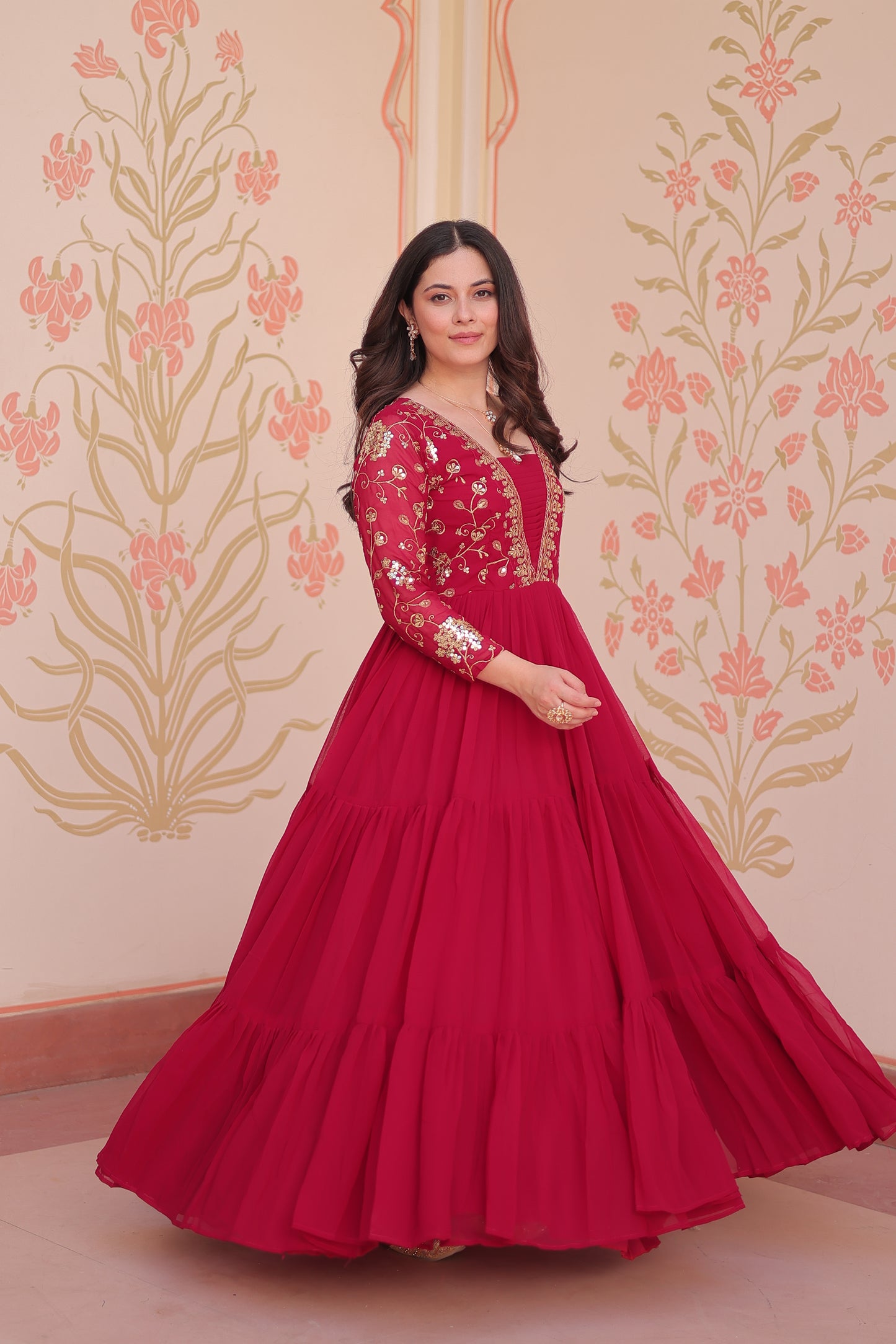 Sequins & Zari Embroidered Faux Blooming 3-Layer Tiered Gown