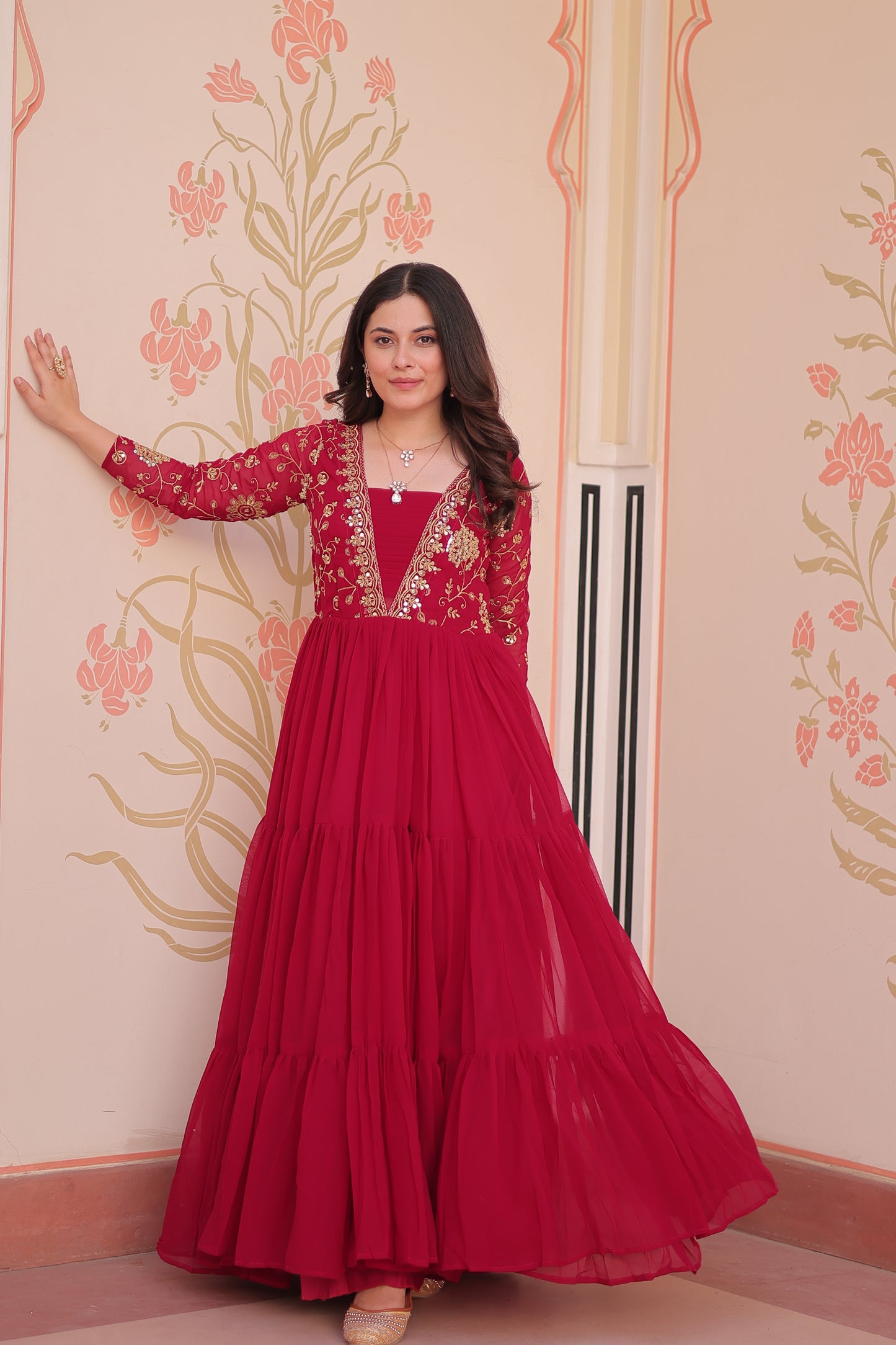 Sequins & Zari Embroidered Faux Blooming 3-Layer Tiered Gown