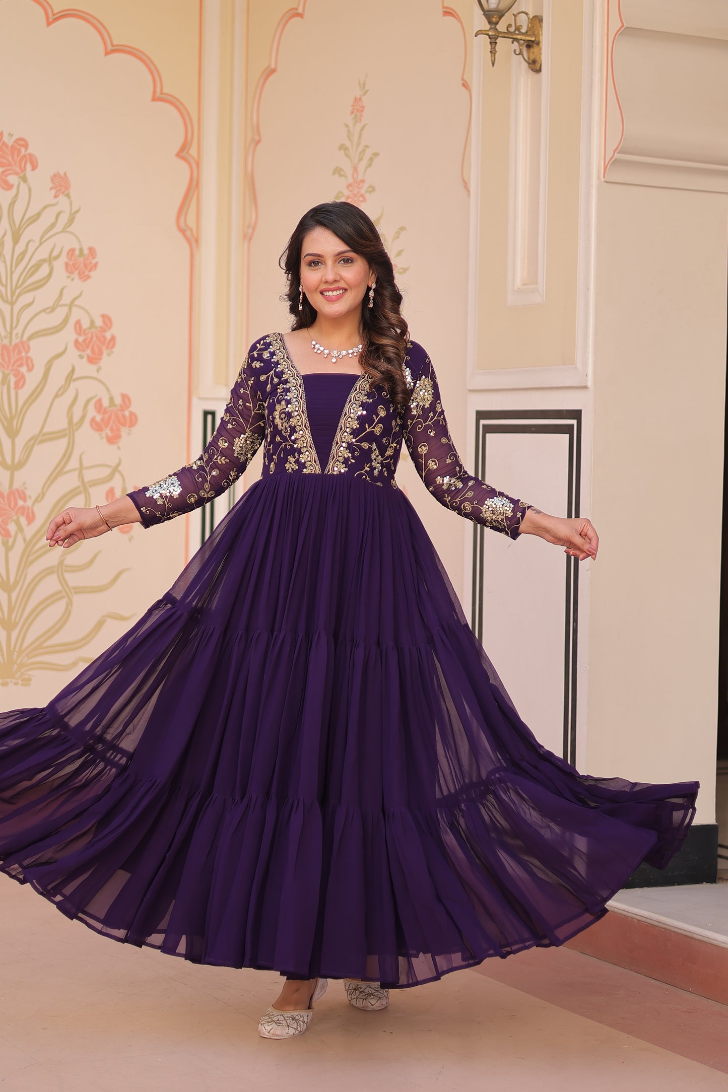 Sequins & Zari Embroidered Faux Blooming 3-Layer Tiered Gown