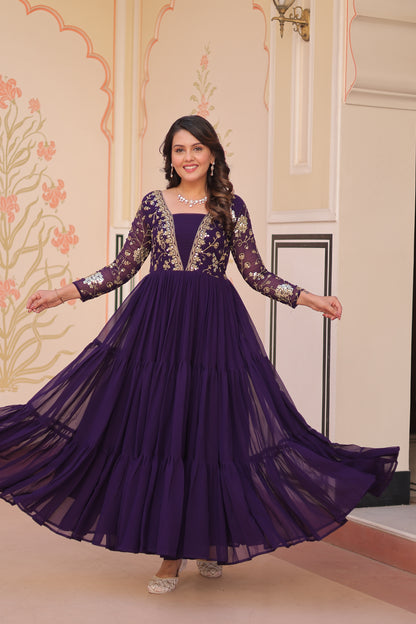 Sequins & Zari Embroidered Faux Blooming 3-Layer Tiered Gown