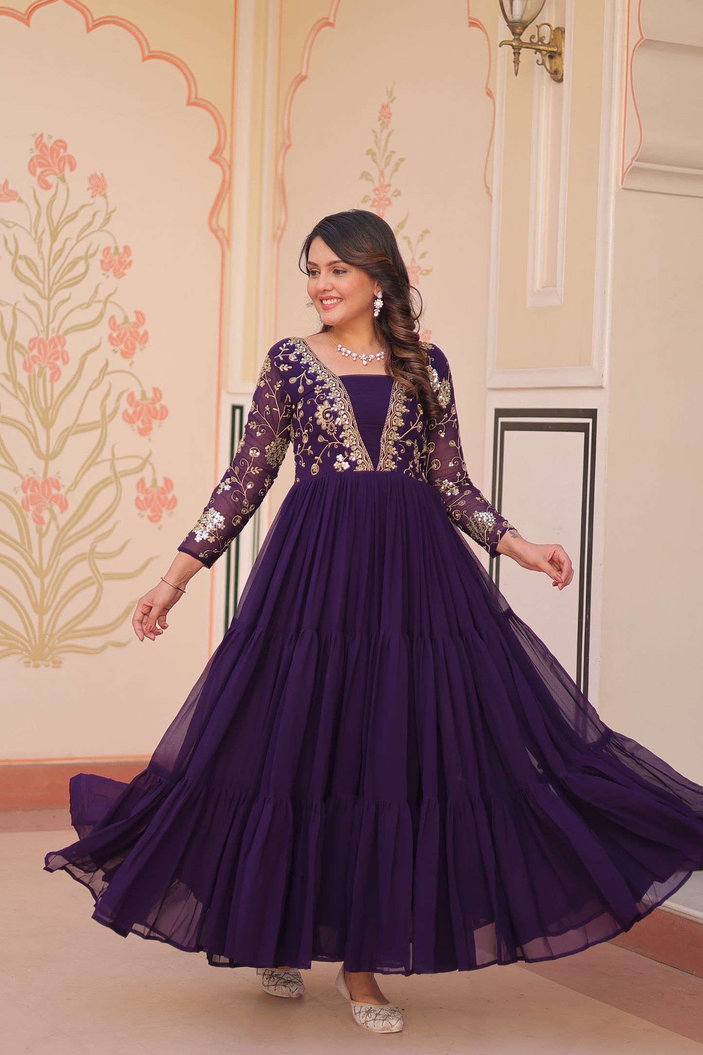 Sequins & Zari Embroidered Faux Blooming 3-Layer Tiered Gown