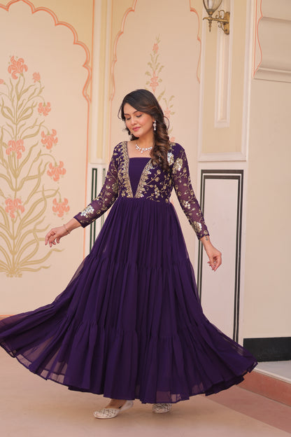 Sequins & Zari Embroidered Faux Blooming 3-Layer Tiered Gown