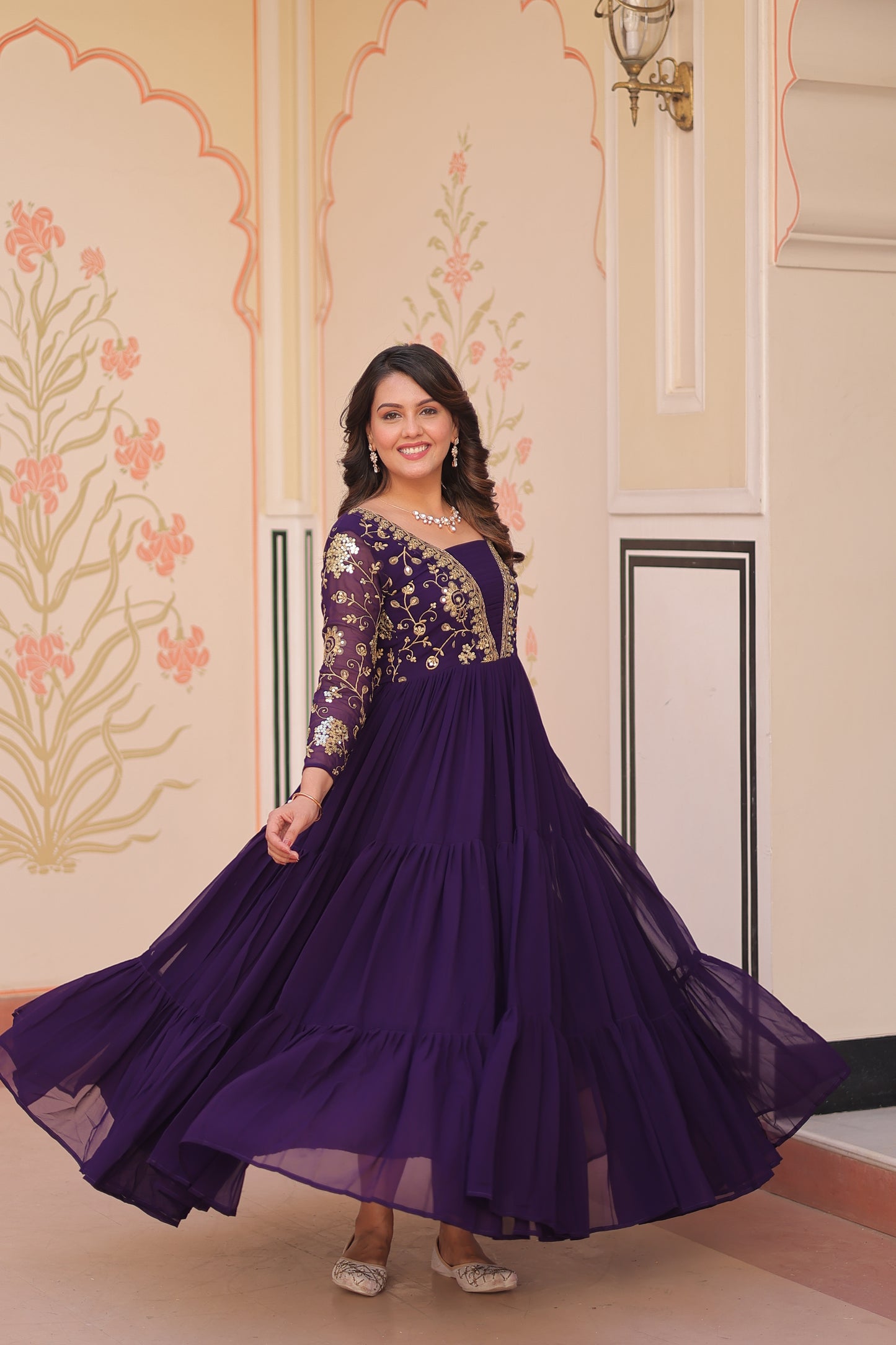 Sequins & Zari Embroidered Faux Blooming 3-Layer Tiered Gown