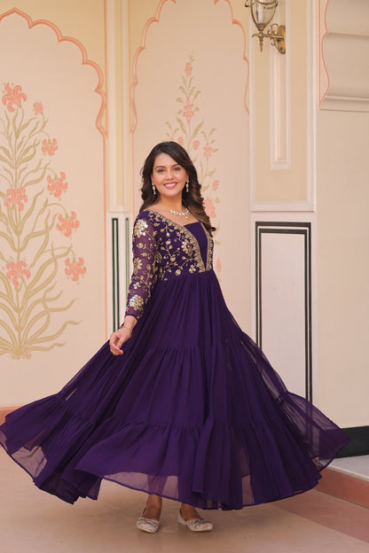 Sequins & Zari Embroidered Faux Blooming 3-Layer Tiered Gown