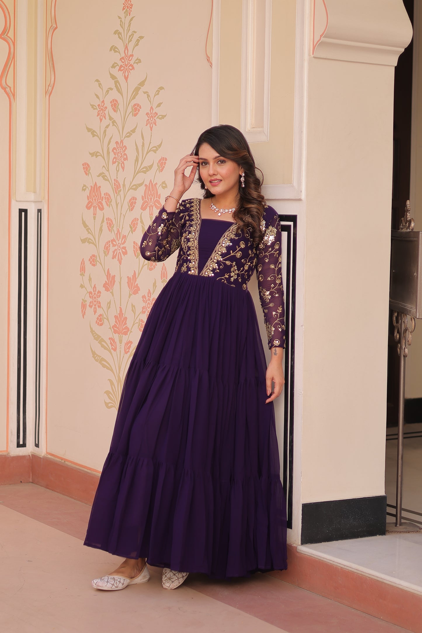 Sequins & Zari Embroidered Faux Blooming 3-Layer Tiered Gown