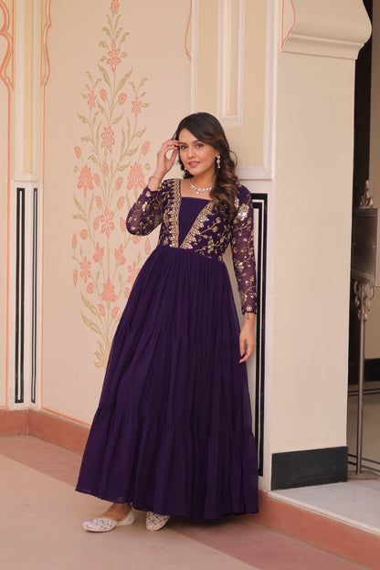 Sequins & Zari Embroidered Faux Blooming 3-Layer Tiered Gown